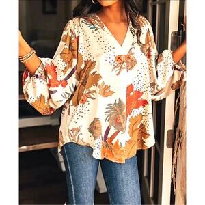 Jodifl Womens L White Multi Floral Silky Boho Long Sleeve Summer Blouse Top
